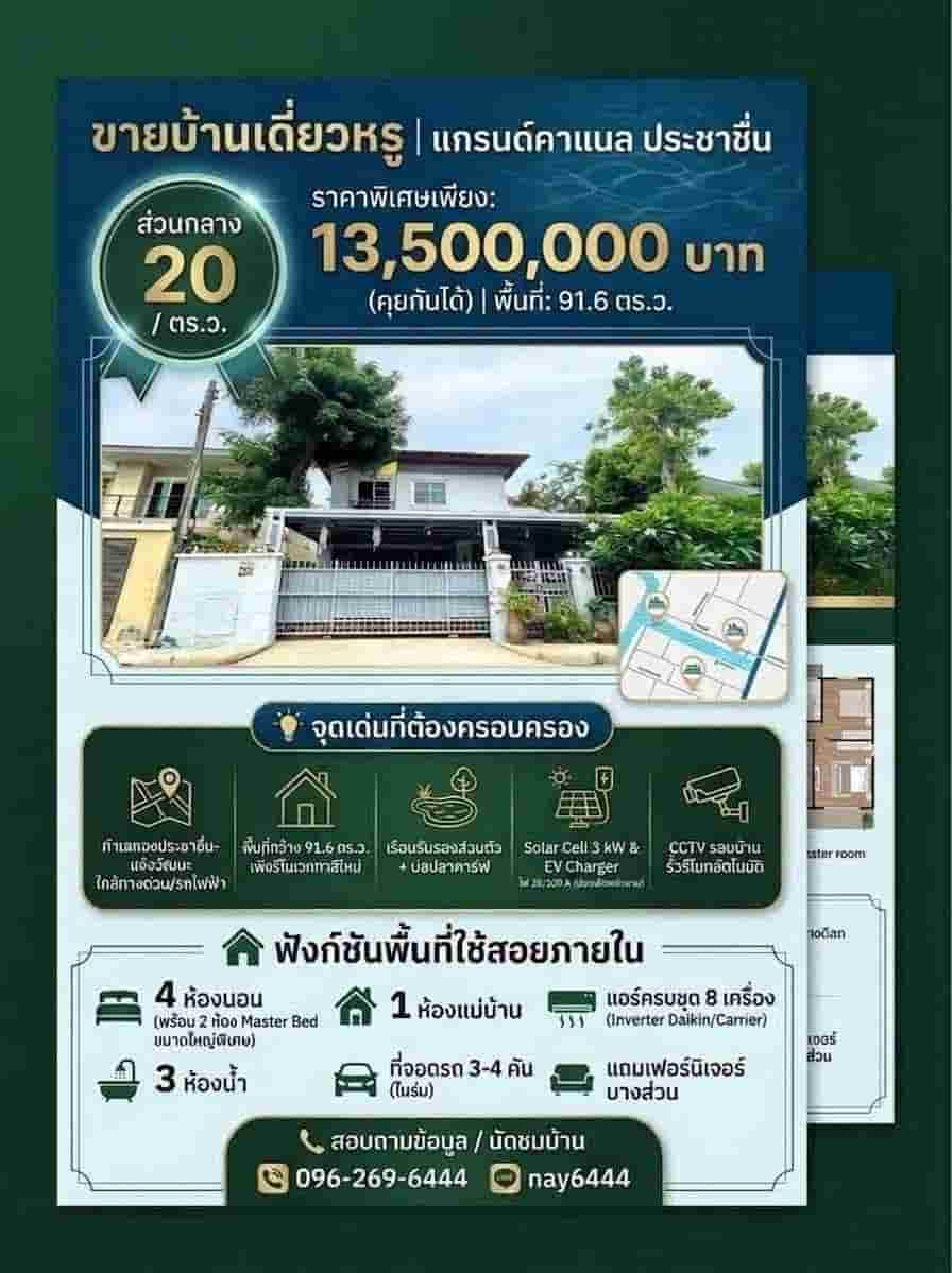 ขายถูกมาก!! บ้านเดี่ยว 2 ชั้น ม.แกรนด์คาแนล ประชาชื่น ทำเลทองใกล้รถไฟฟ้า ทางด่วน เดอะมอลล์งามวงศ์วาน